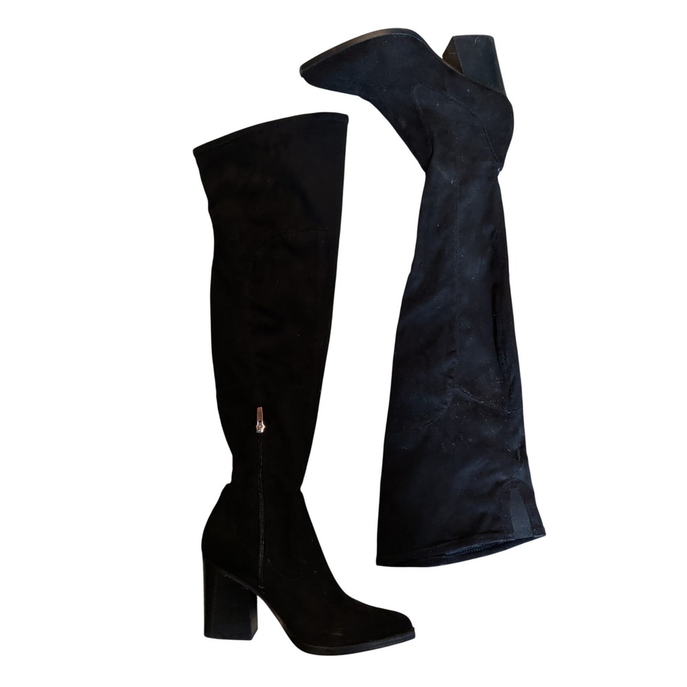 Marc Fisher Renn Black Faux Suede Over The Knee Block Heel Pointed Toe Boots 9M